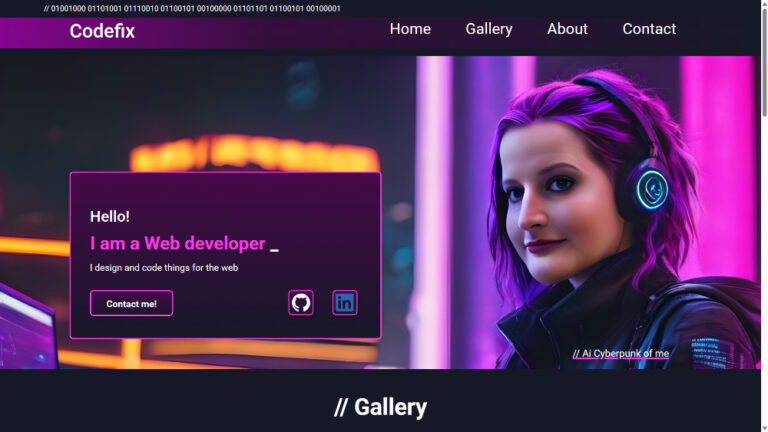 Cyberpunk hemsida hero bild. Med text och bild på en cyberpunk version av mig.